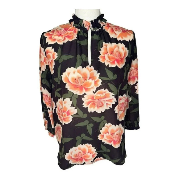 Ann Taylor‎ Women’s Small Butterfly Floral Silk Pleat Neck Blouse 100% Silk EUC - Picture 1 of 8